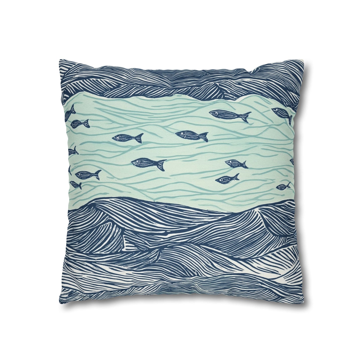 Square Pillow Cover - Coastal Nautical Waves And Fish