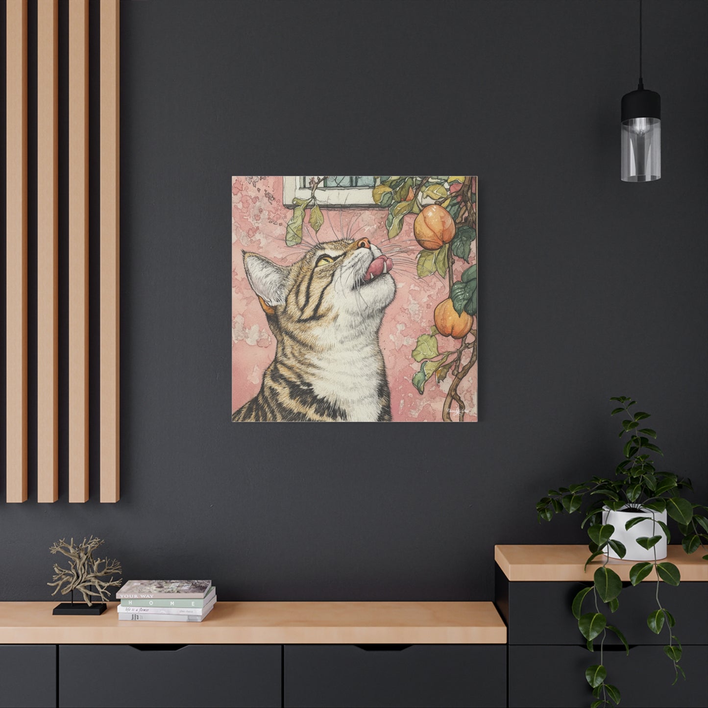 Canvas Art - Pink House Tiger Cat And Persimmons Matte Canvas
