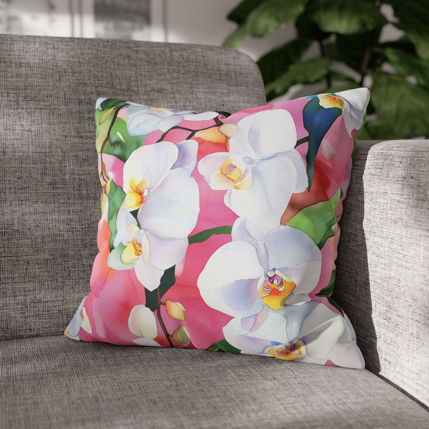 Square Pillow Cover - White Orchids On Pink Background