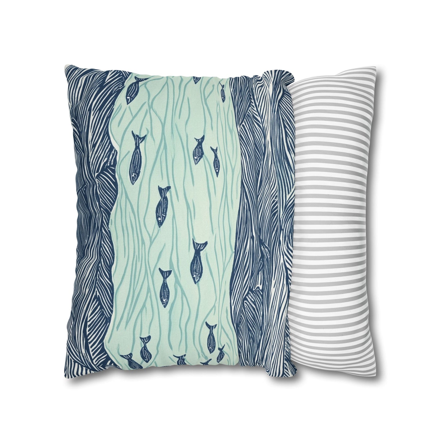 Square Pillow Cover - Coastal Nautical Waves And Fish