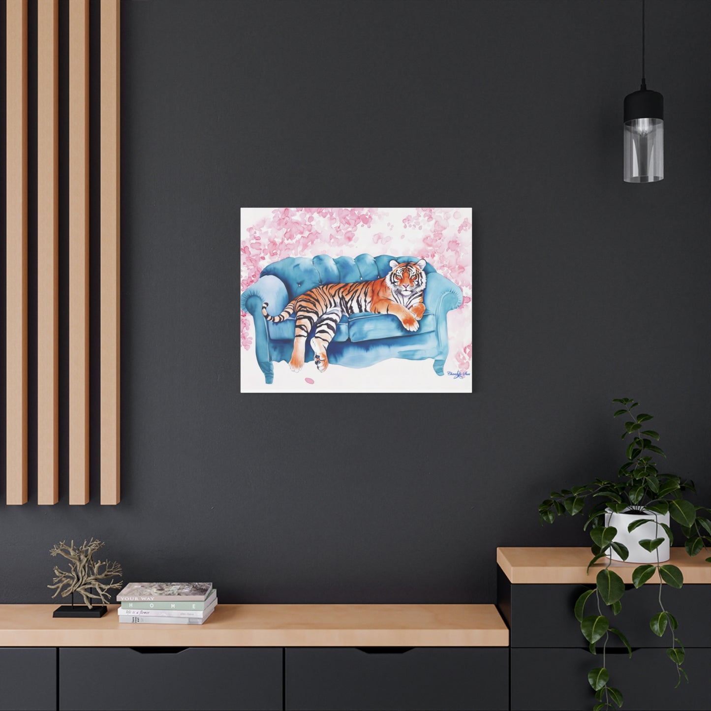 Canvas Art – Tiger Lounging On Blue Couch Wall Decor