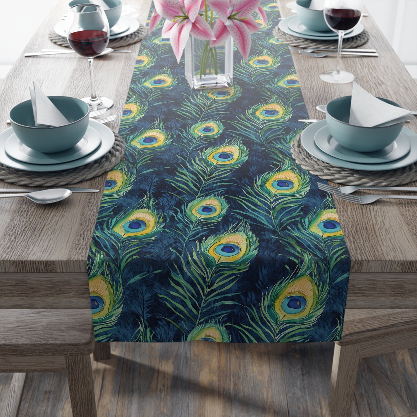 Table Runner - Elegant Peacock Feathers