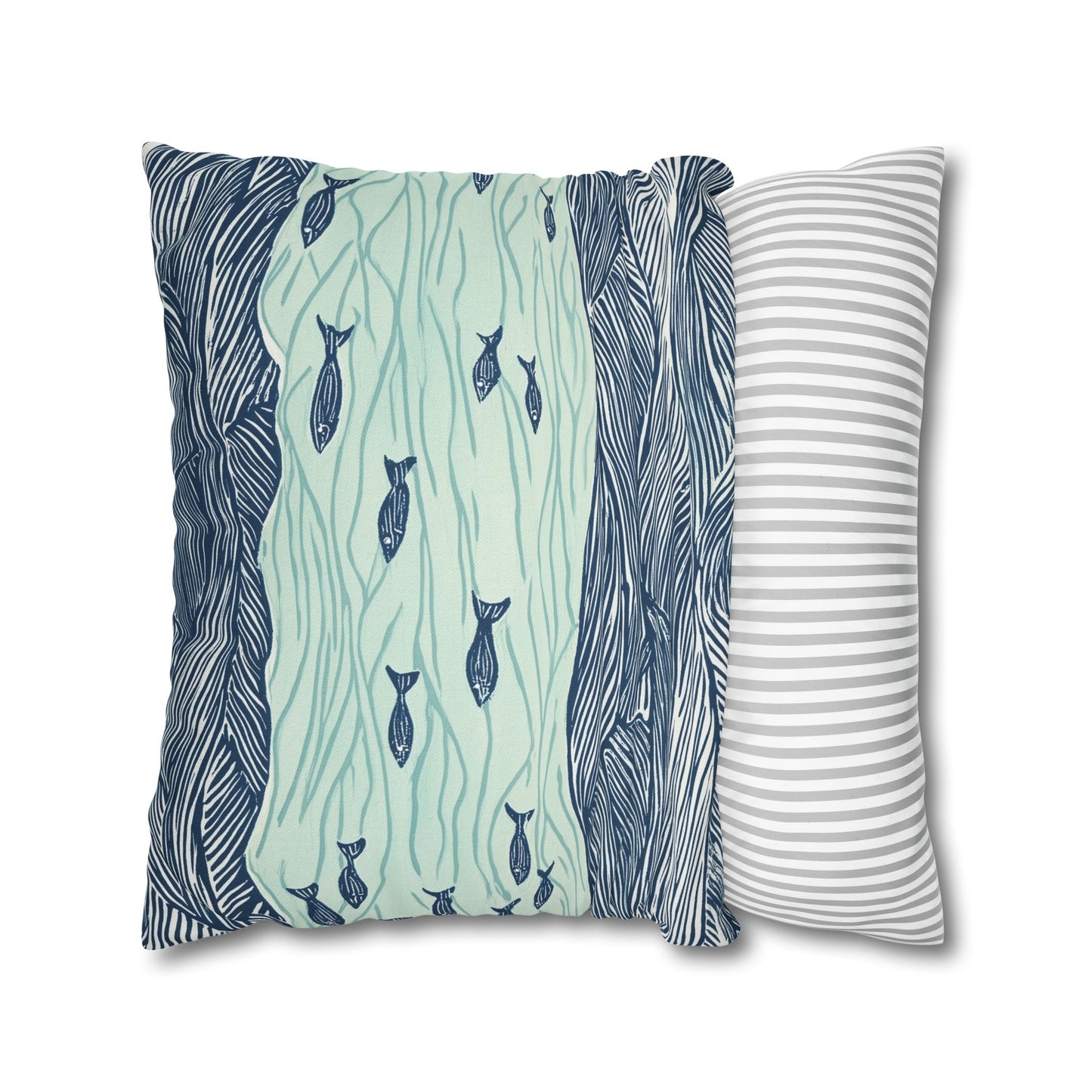 Square Pillow Cover - Coastal Nautical Waves And Fish
