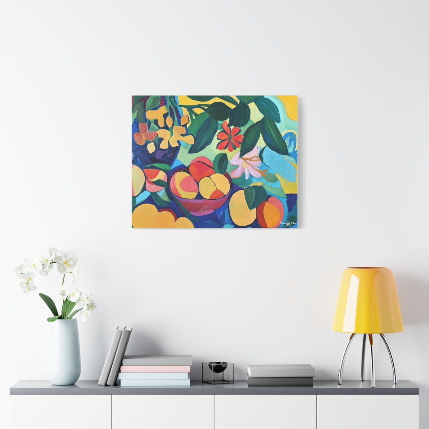 Canvas Art - Colorful Flowers And Peaches In Bowl Still Life Wall Decor
