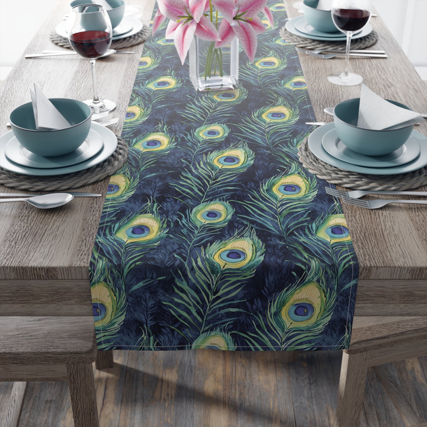 Table Runner - Elegant Peacock Feathers