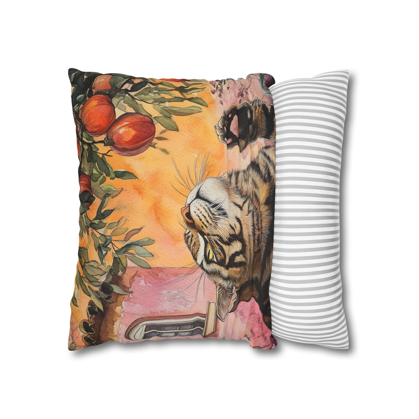 Square Pillow Cover – Pink House Tiger Cat And Persimmon Fruit