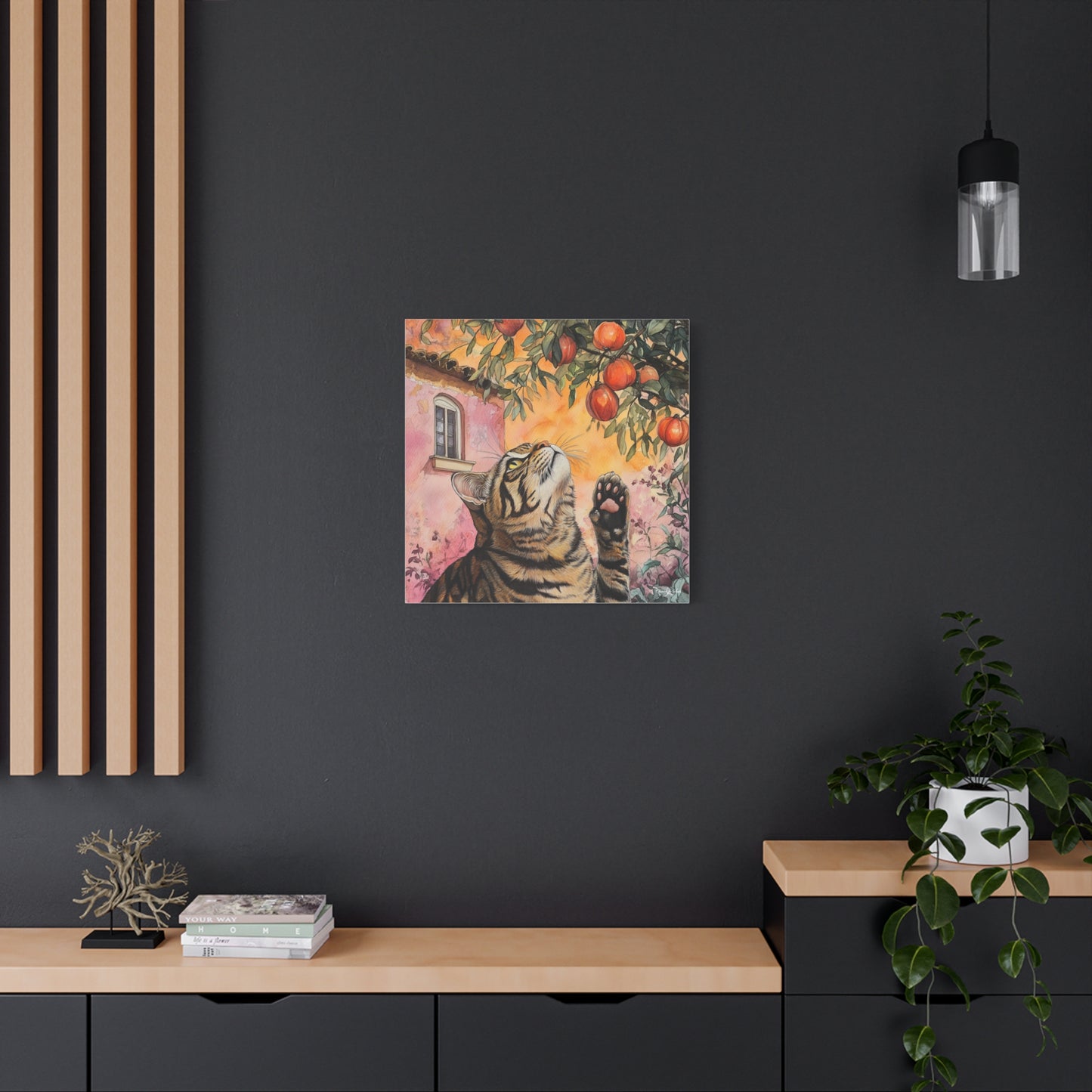 Canvas Art - Pink House Tiger Cat And Persimmons