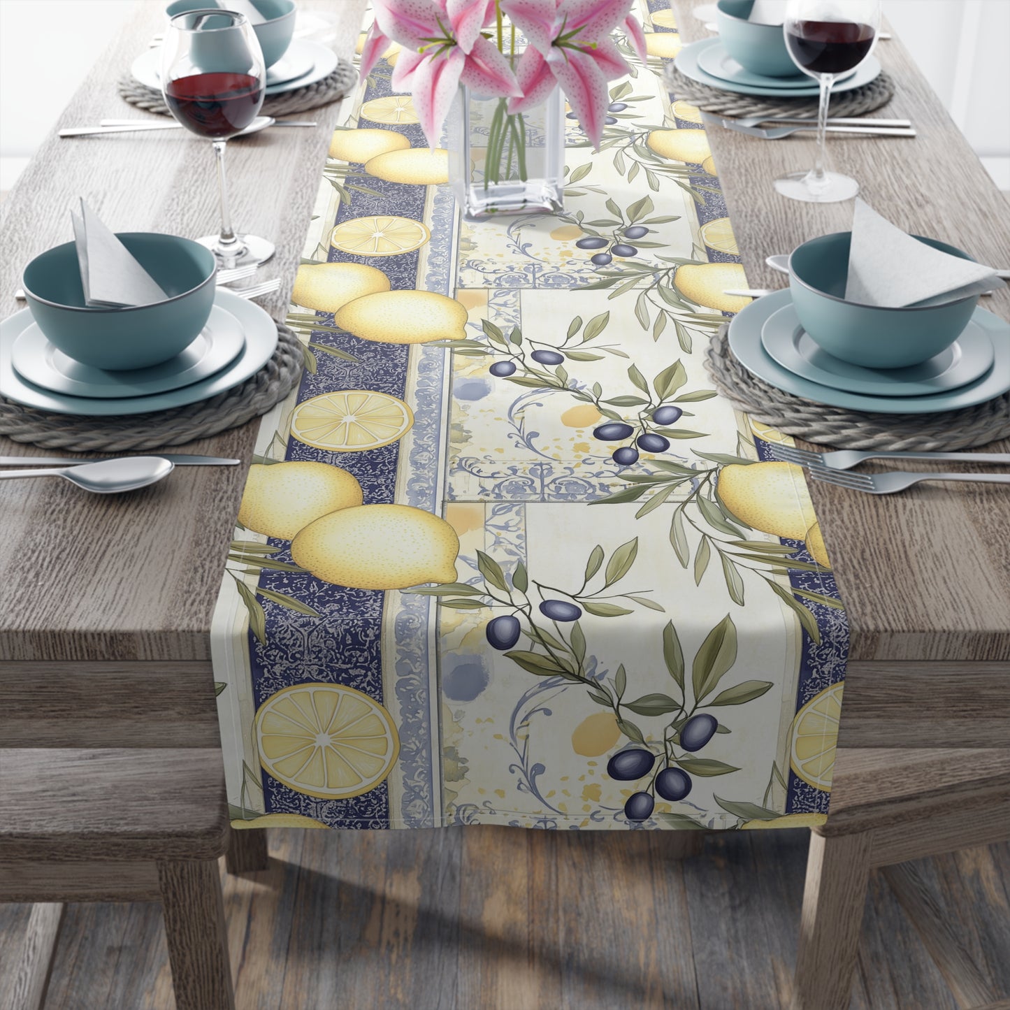 Table Runner - Cotton Mediterranean Tuscun Lemon & Olive Design