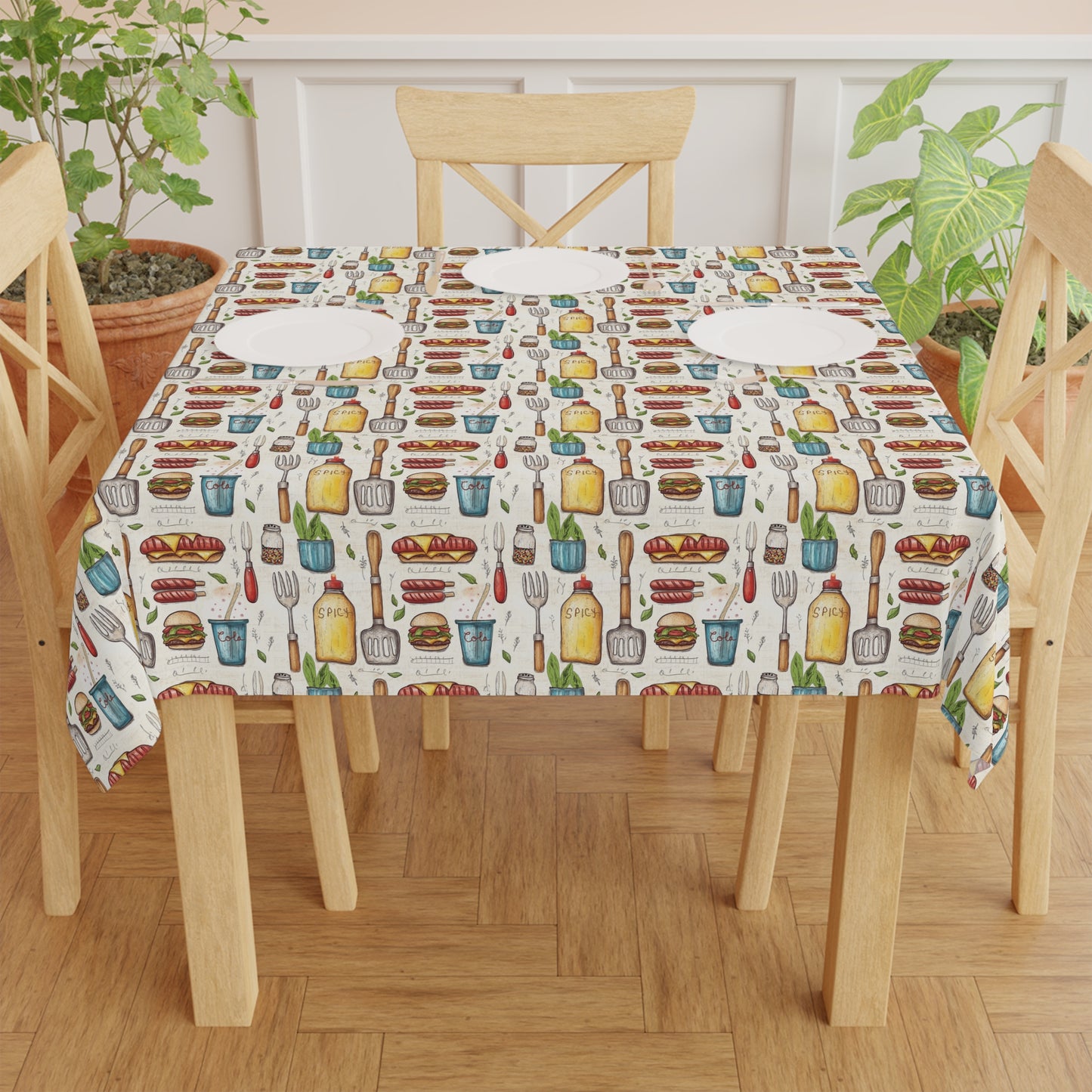 Square Tablecloth - Hotdog Hamburger BBQ Tools And Condiments For Summer BBQ's and Picnics