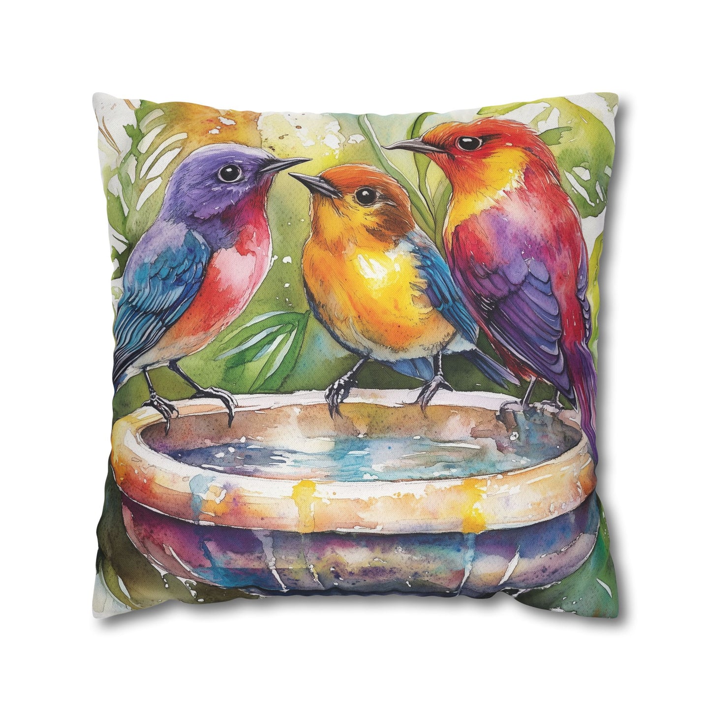 Square Pillow Cover - Colorful Birds In A Birdbath