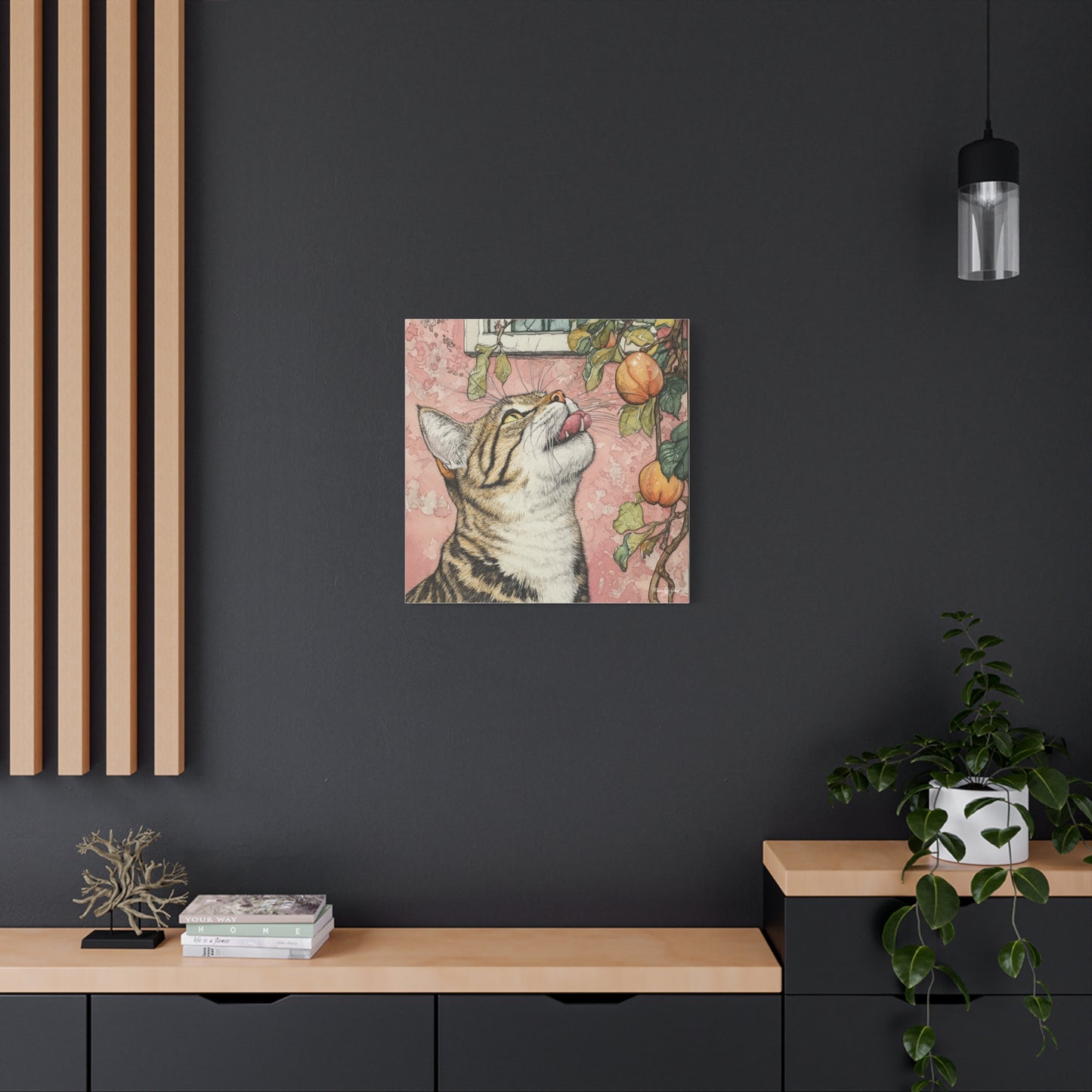 Canvas Art - Pink House Tiger Cat And Persimmons Matte Canvas
