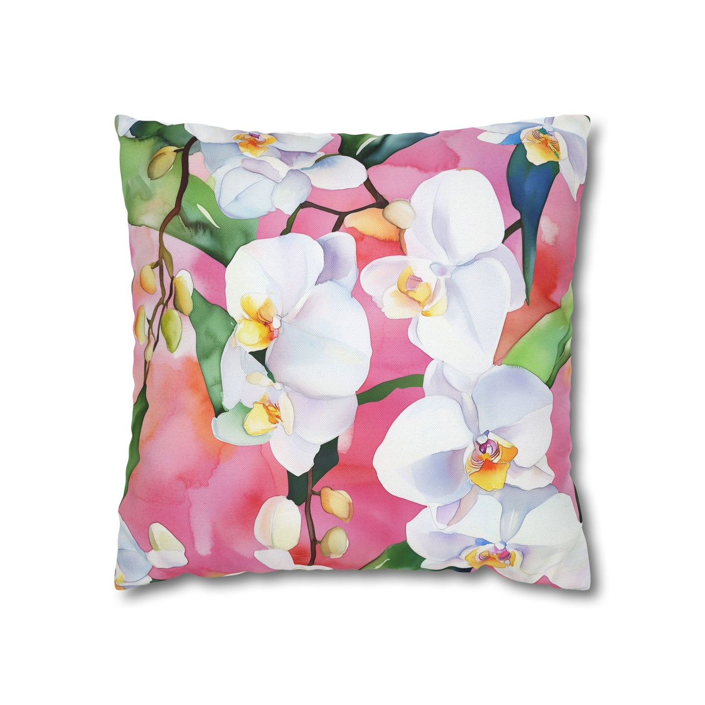 Square Pillow Cover - White Orchids On Pink Background