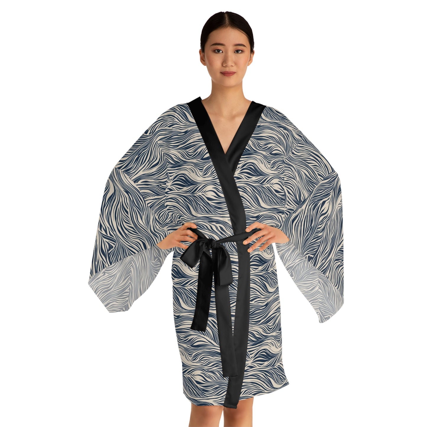 Kimono Robe - Ocean Zen Waves In Navy And Cream