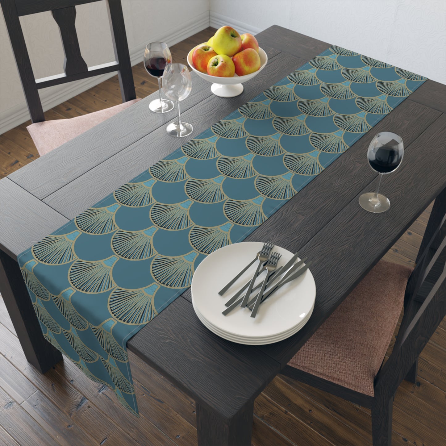 Table Runner - Mermaid Fan Design In Peacock Hues for Stylish Entertaining