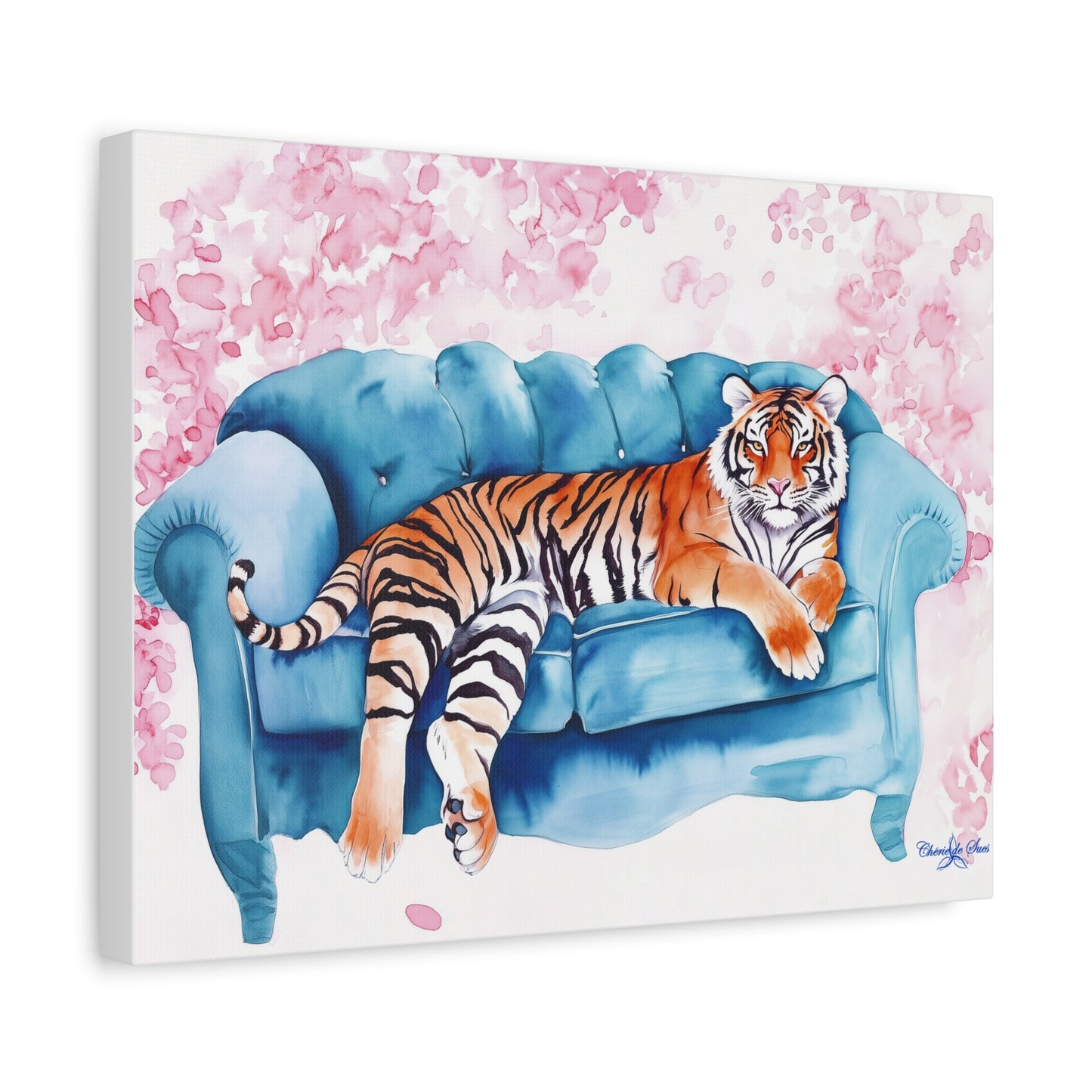 Canvas Art – Tiger Lounging On Blue Couch Wall Decor