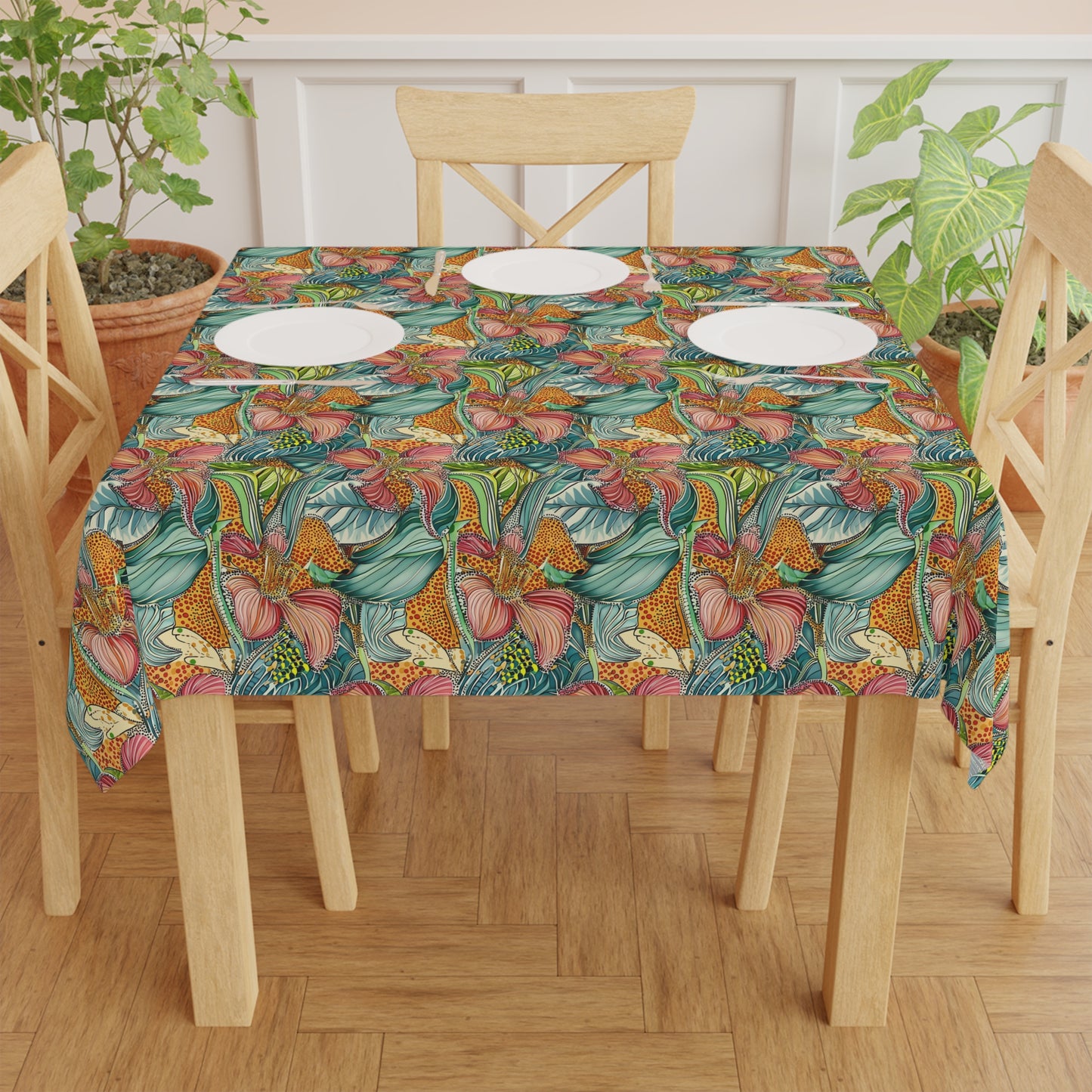 Square Tablecloth - Tropical Iris Flowers With Animal Print Abstract
