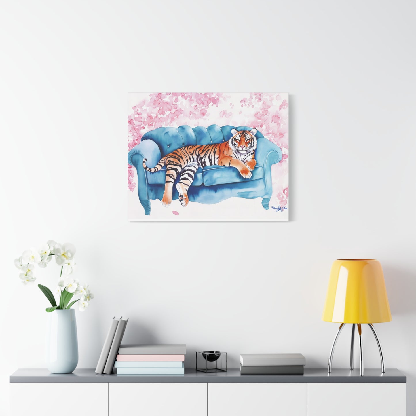 Canvas Art – Tiger Lounging On Blue Couch Wall Decor