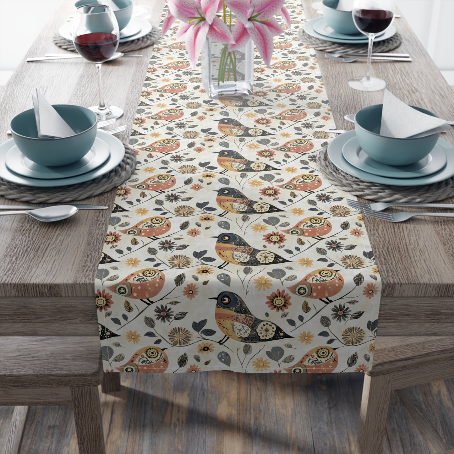 Table Runner - Whimsical Birds Floral Cotton Dining Décor