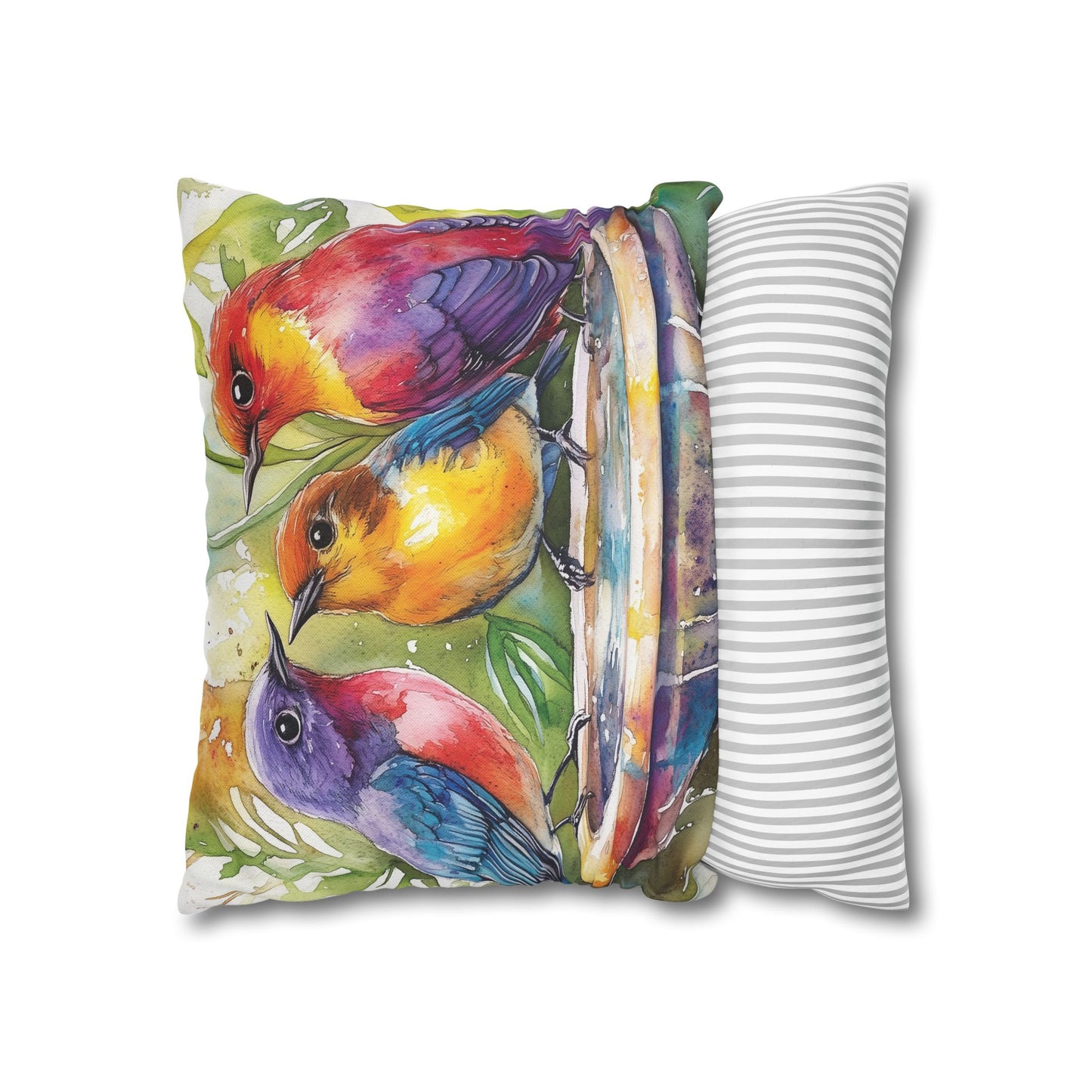 Square Pillow Cover - Colorful Birds In A Birdbath