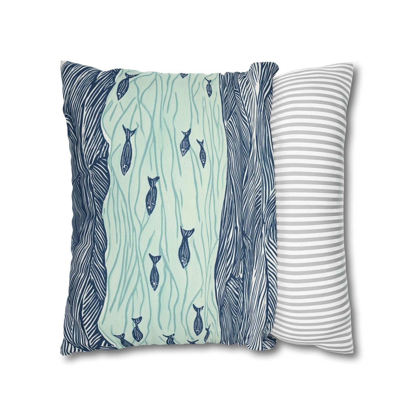 Square Pillow Cover - Coastal Nautical Waves And Fish
