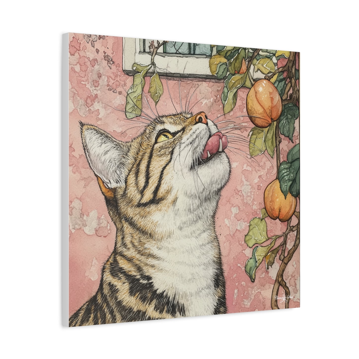 Canvas Art - Pink House Tiger Cat And Persimmons Matte Canvas