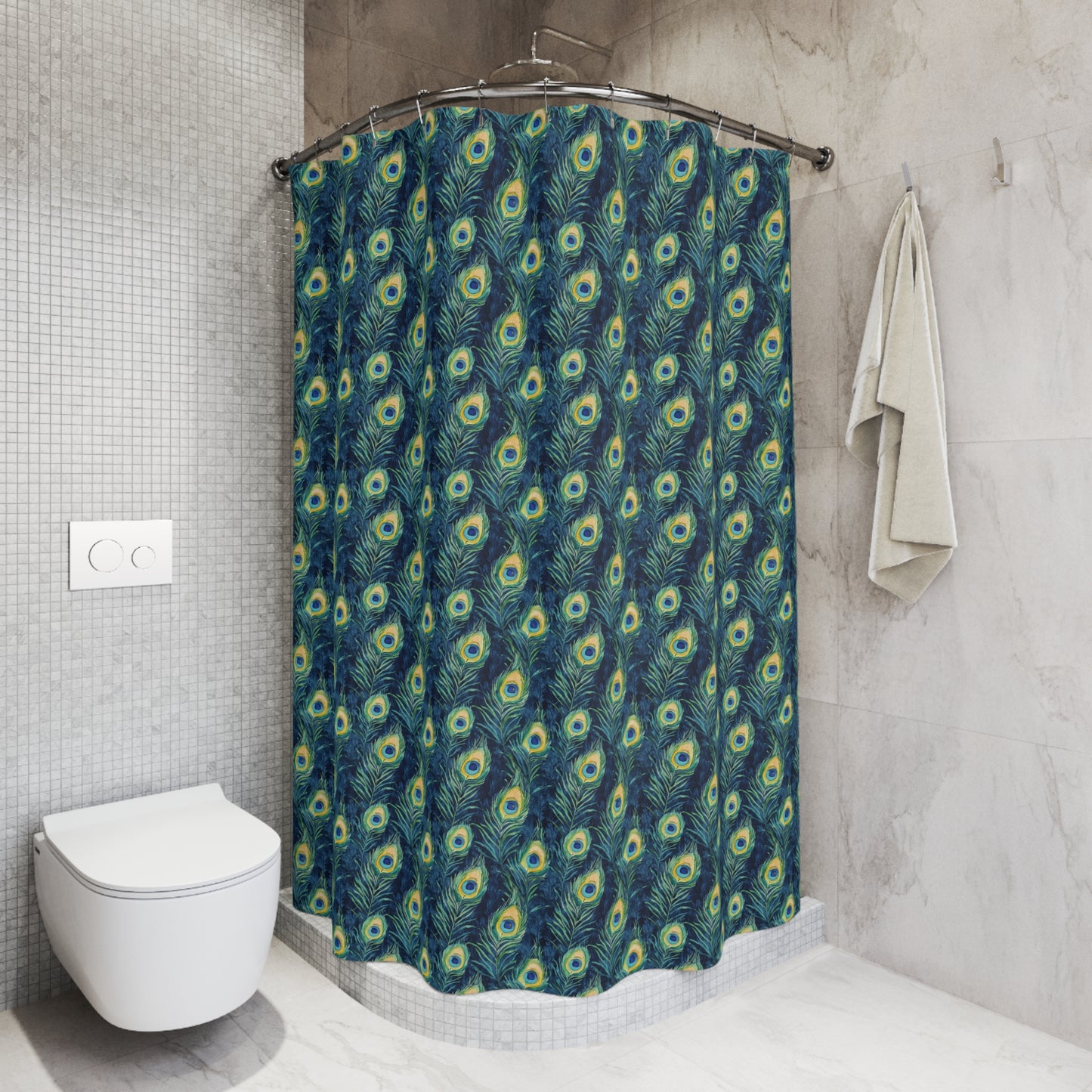 Shower Curtains - Peacock Feathers In Navy, Aqua And Gold