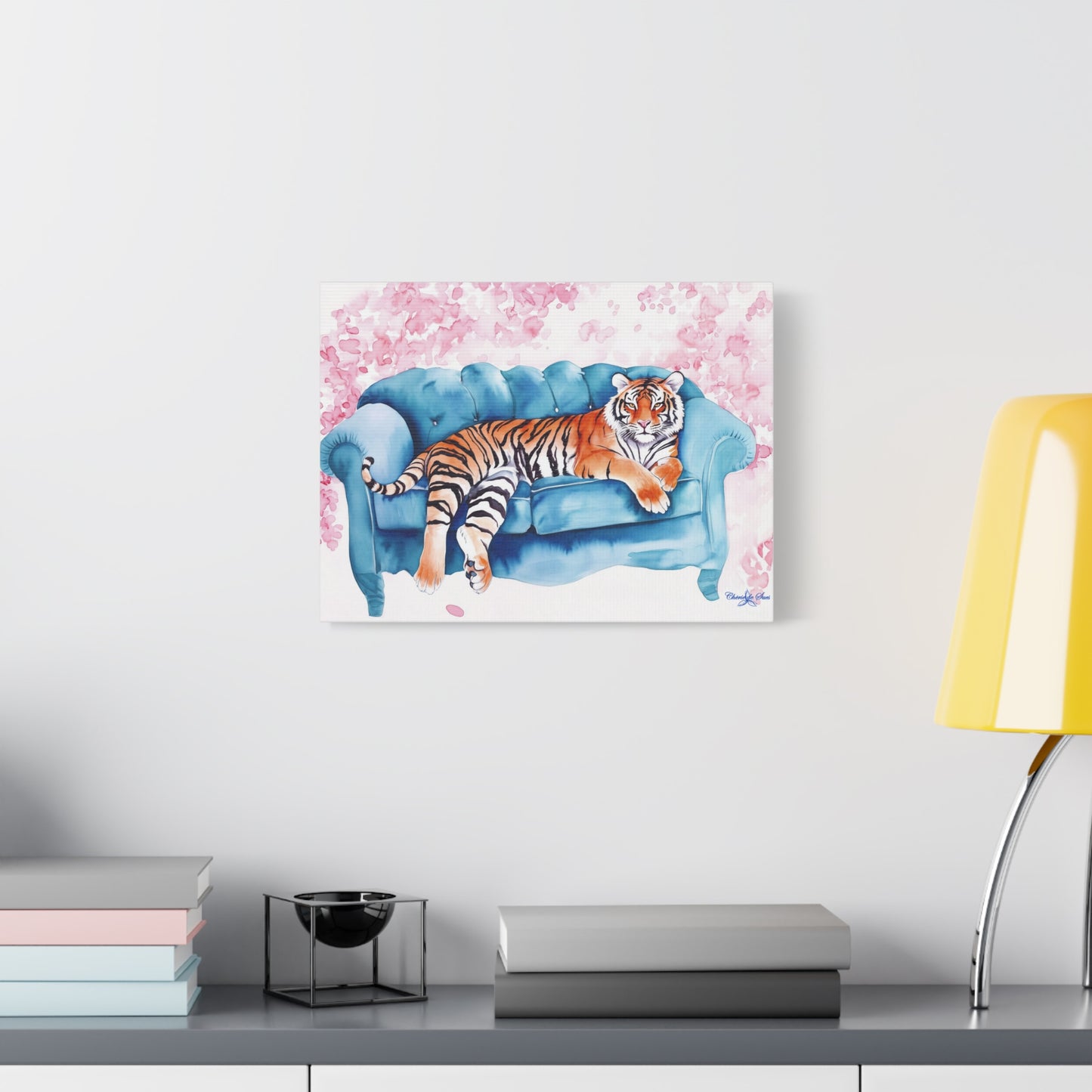 Canvas Art – Tiger Lounging On Blue Couch Wall Decor
