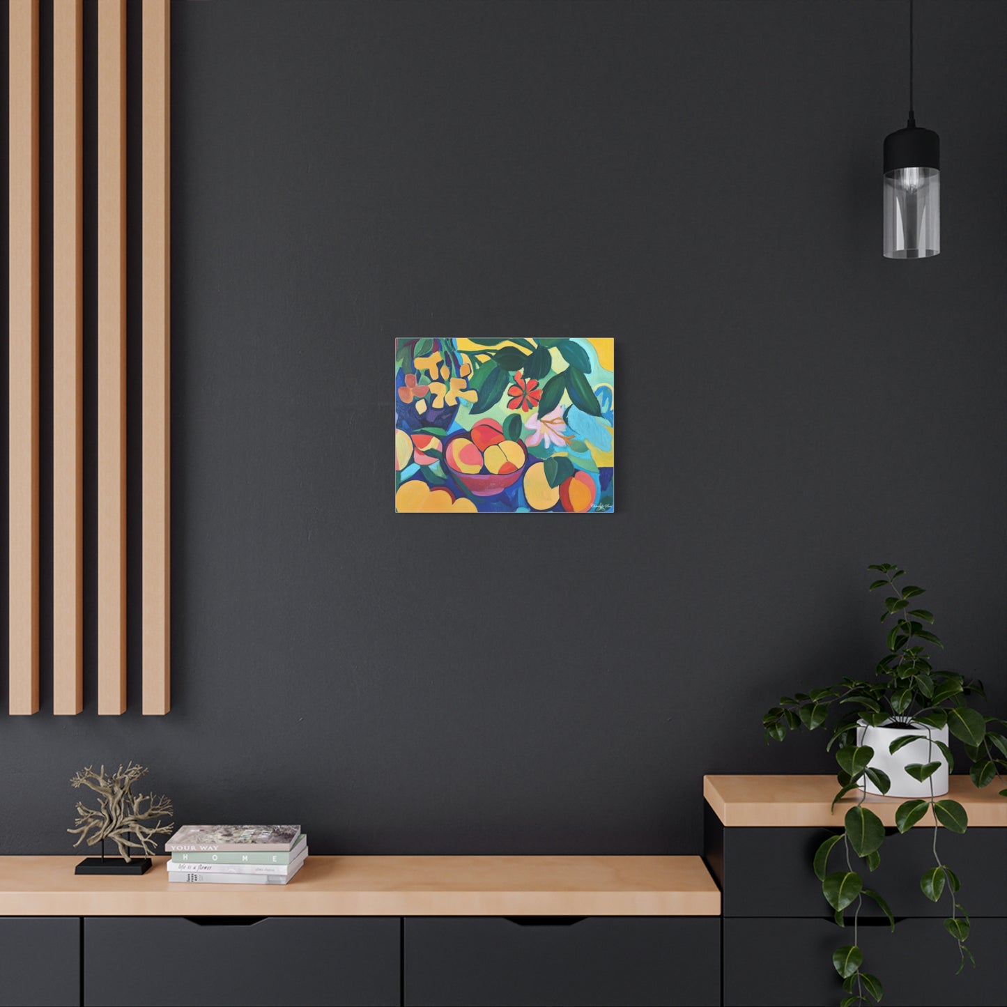 Canvas Art - Colorful Flowers And Peaches In Bowl Still Life Wall Decor