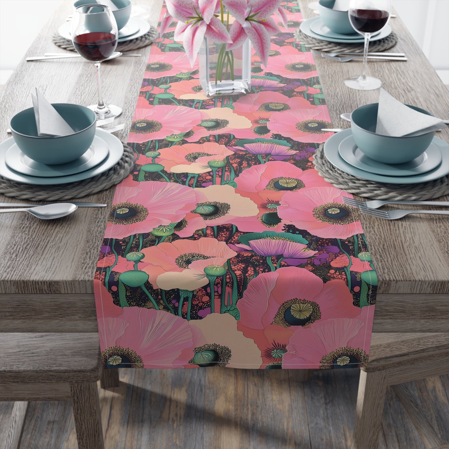 Table Runner - Elegant Pink Poppy Floral On Fresh Cotton