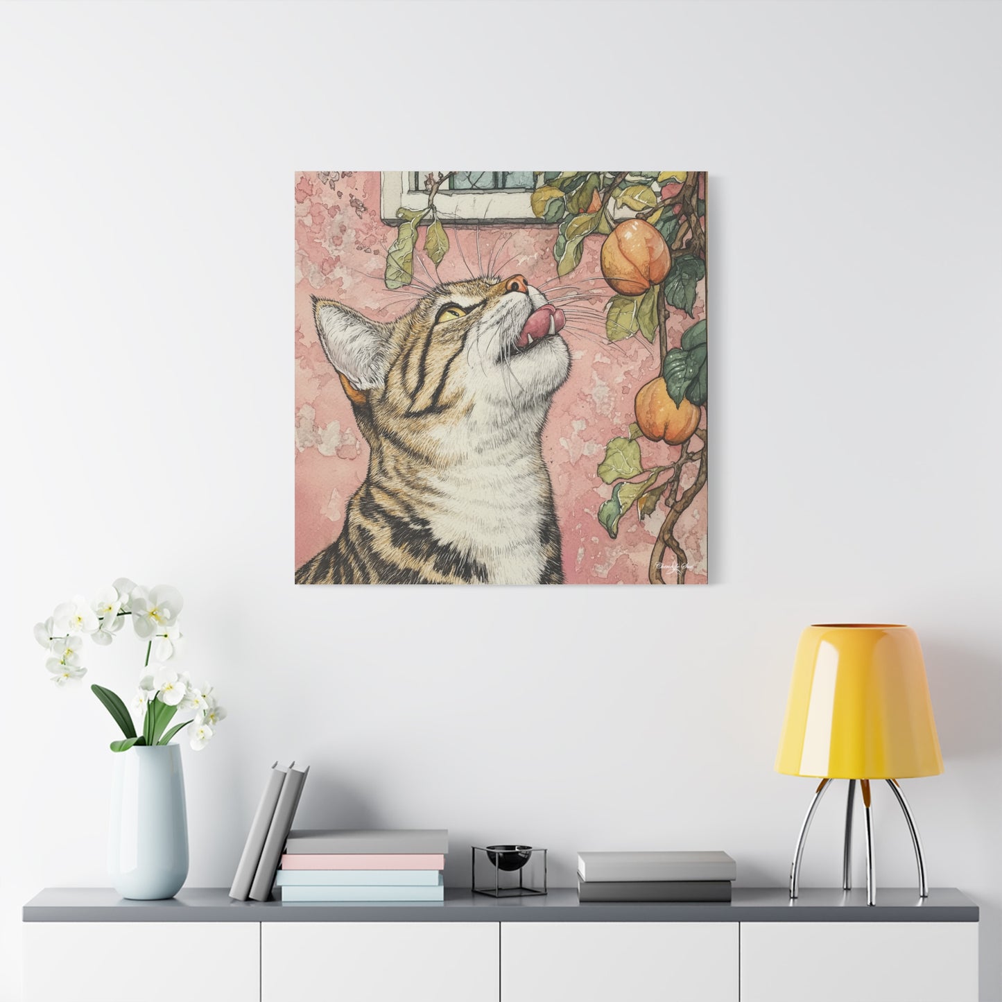 Canvas Art - Pink House Tiger Cat And Persimmons Matte Canvas