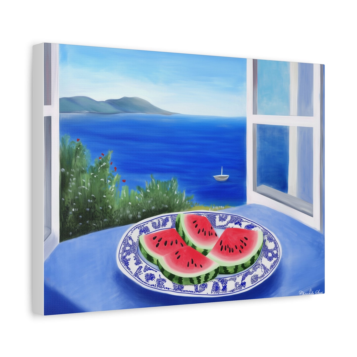 Canvas Art - Sea View Watermelon On Blue Plate Still Life