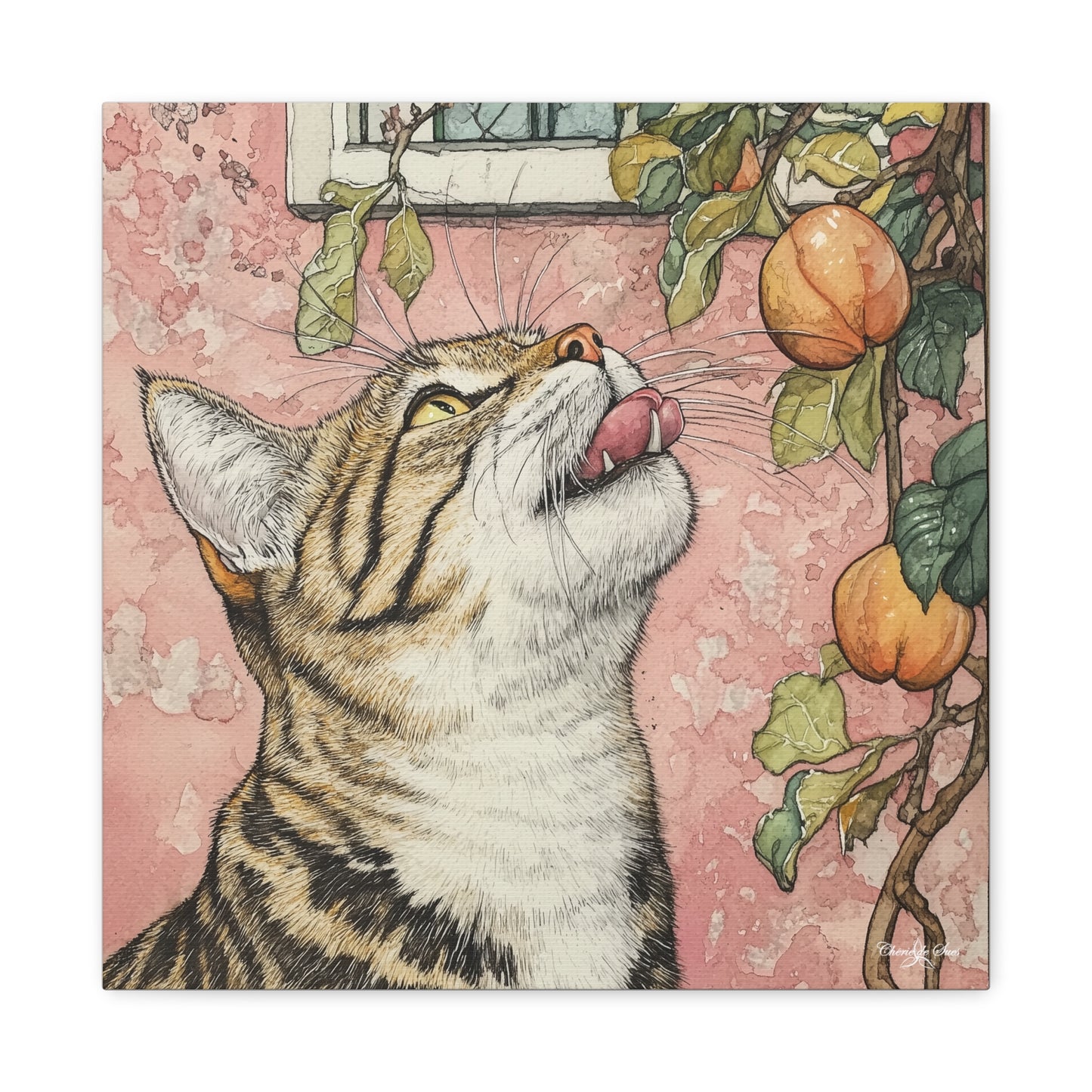 Canvas Art - Pink House Tiger Cat And Persimmons Matte Canvas