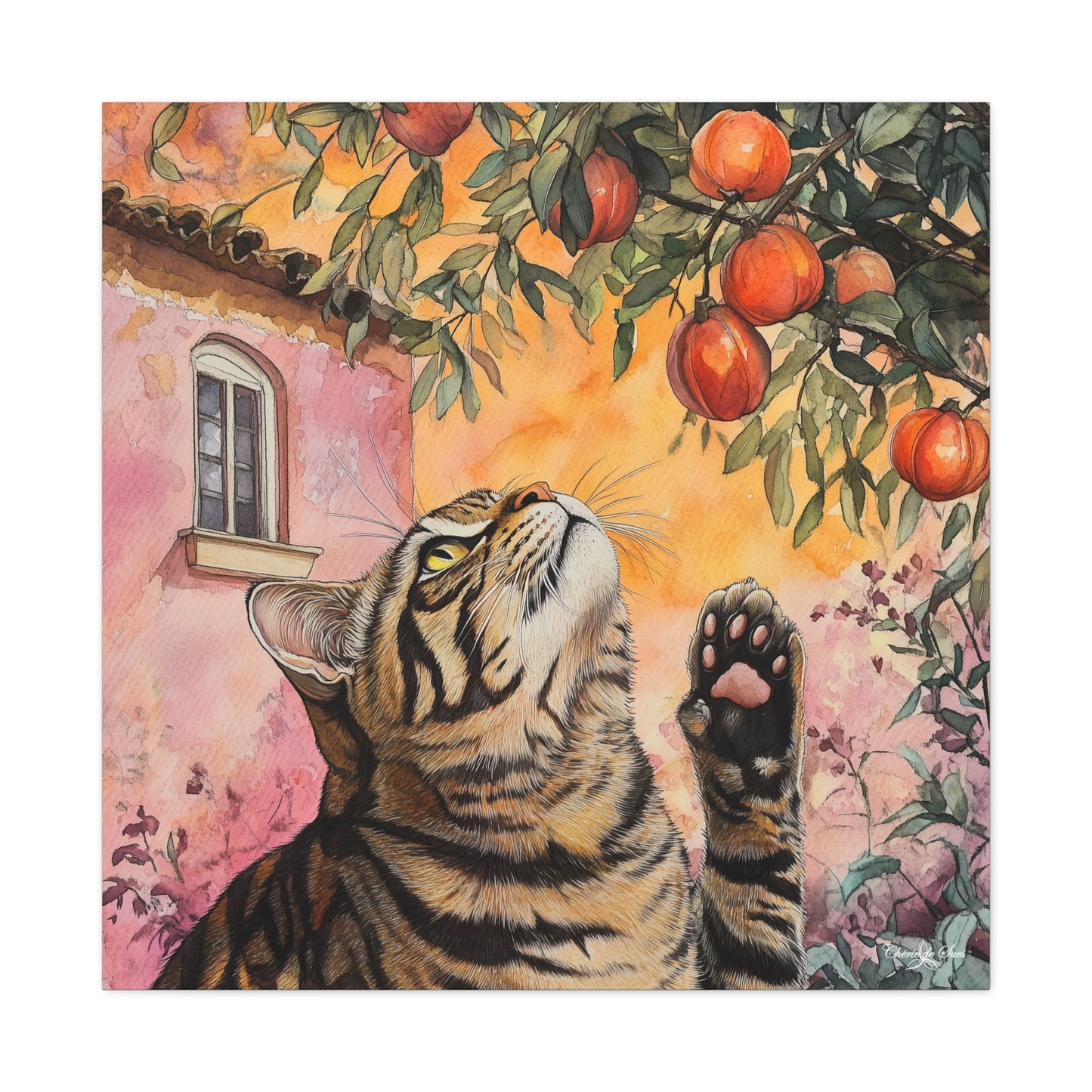 Canvas Art - Pink House Tiger Cat And Persimmons