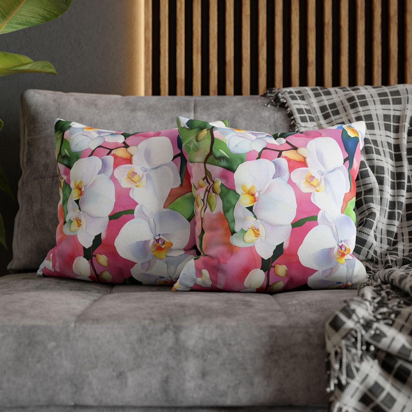 Square Pillow Cover - White Orchids On Pink Background