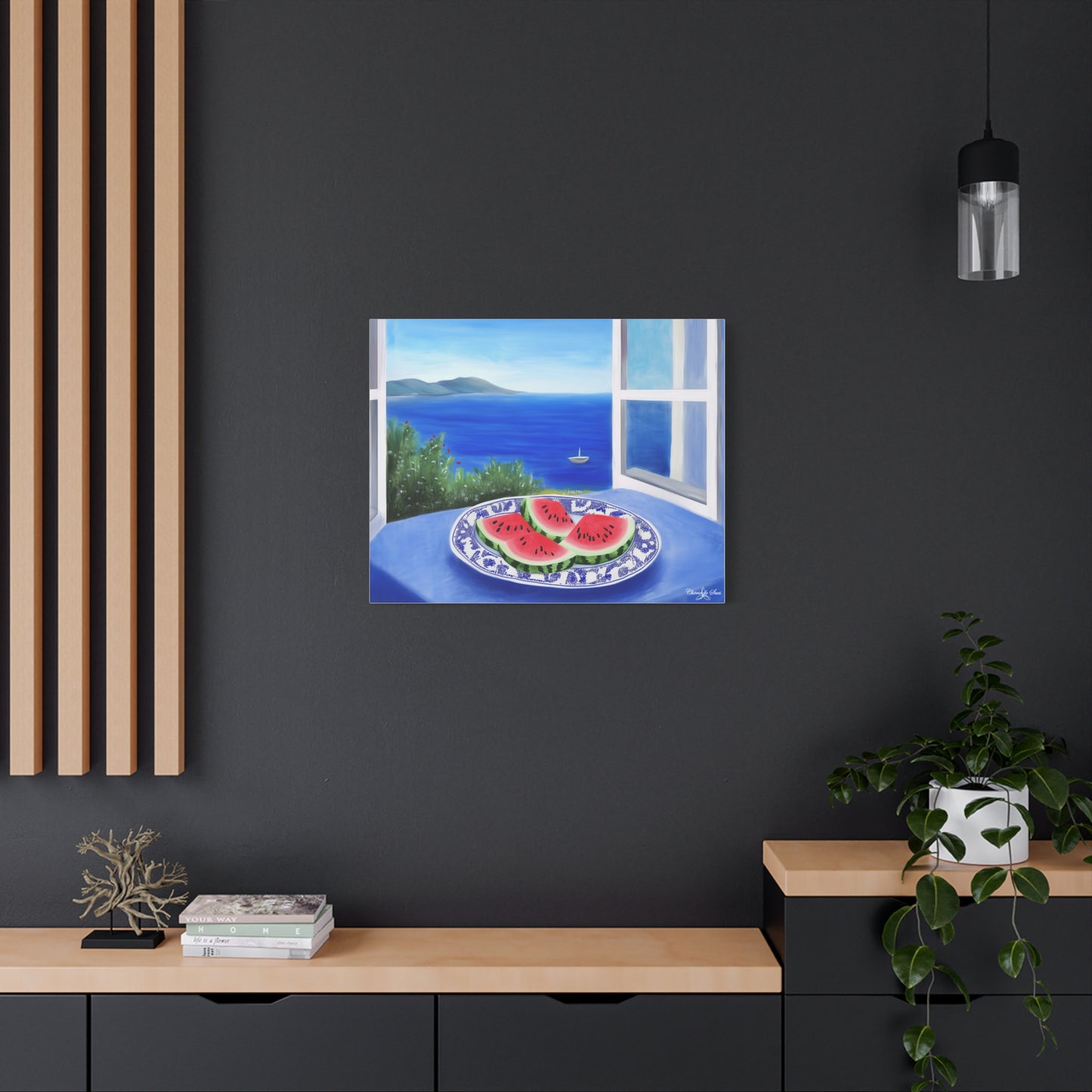 Canvas Art - Sea View Watermelon On Blue Plate Still Life