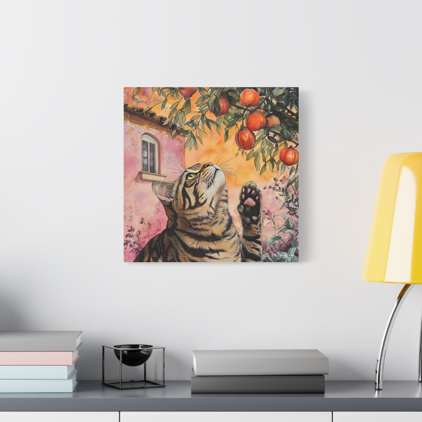 Canvas Art - Pink House Tiger Cat And Persimmons