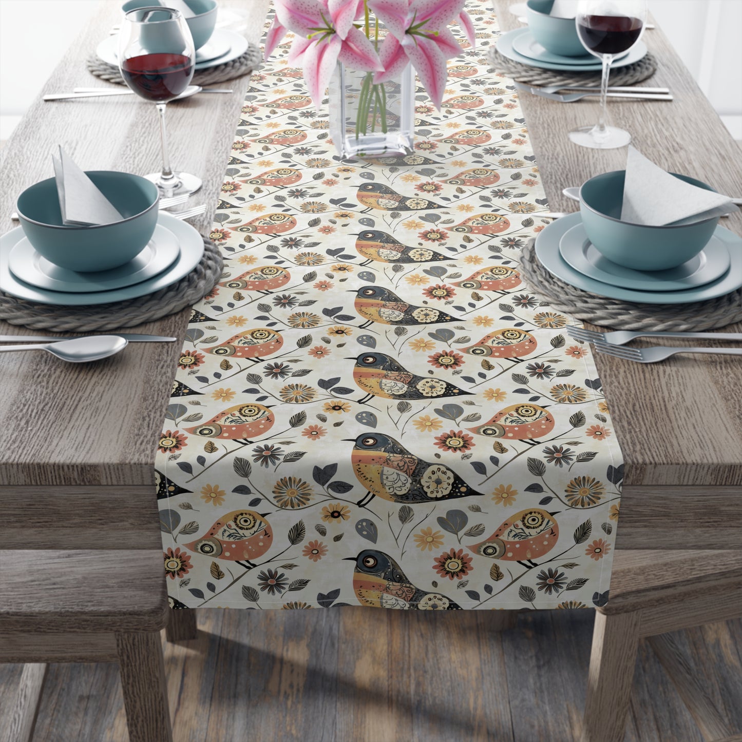 Table Runner - Whimsical Birds Floral Cotton Dining Décor
