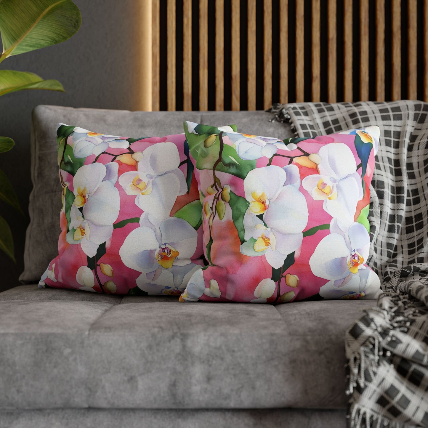 Square Pillow Cover - White Orchids On Pink Background