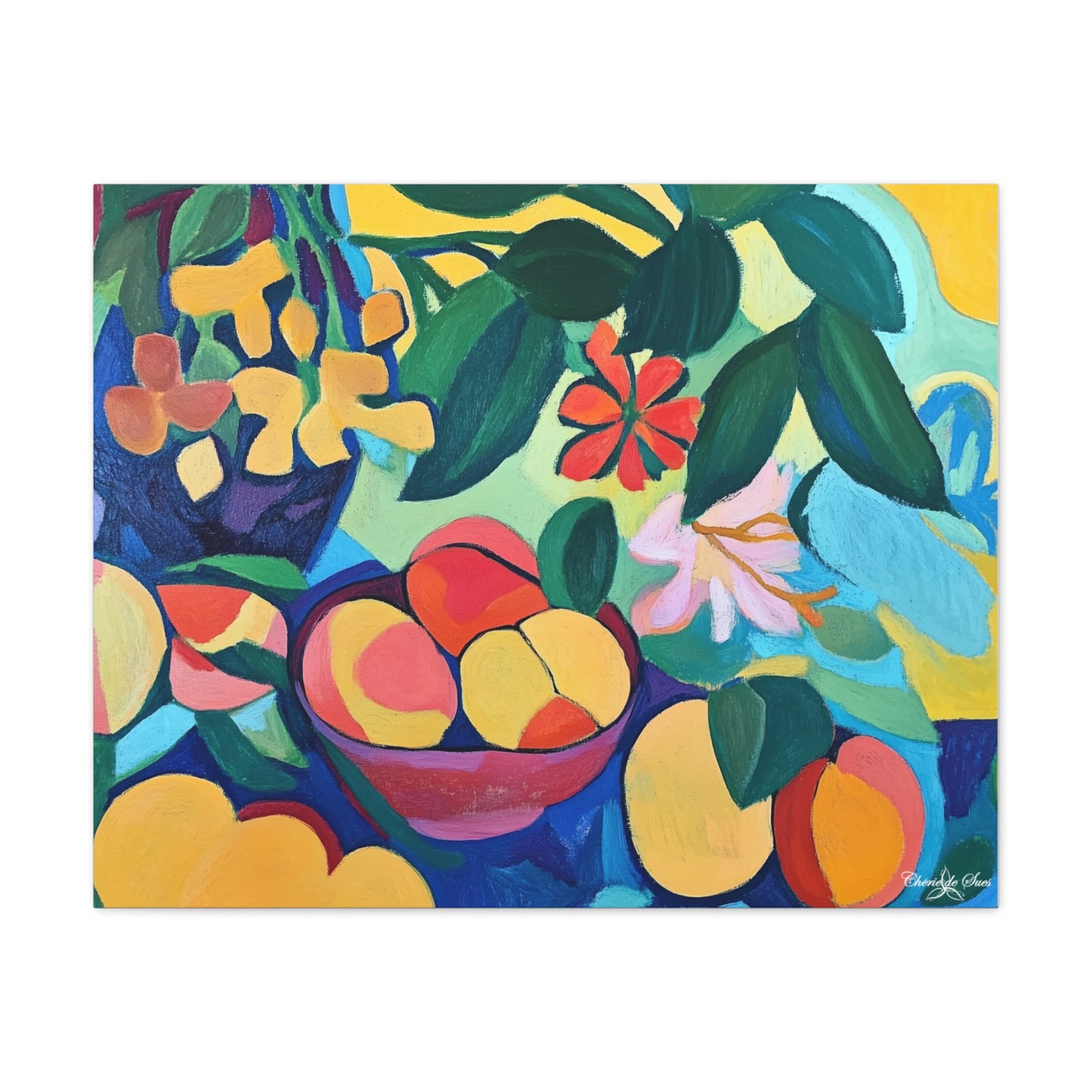 Canvas Art - Colorful Flowers And Peaches In Bowl Still Life Wall Decor