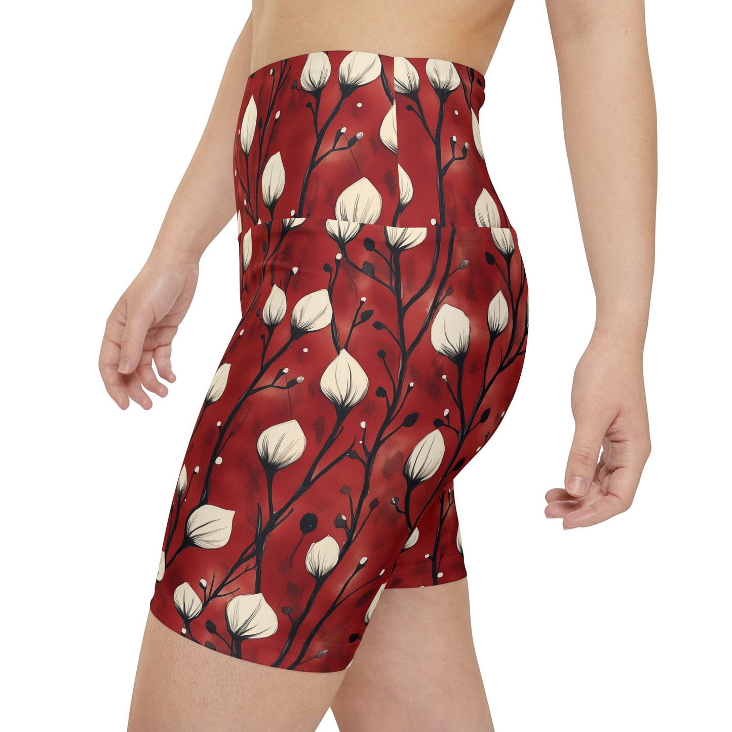 Athletic Shorts - White Puff Flowers On Red Wine Background