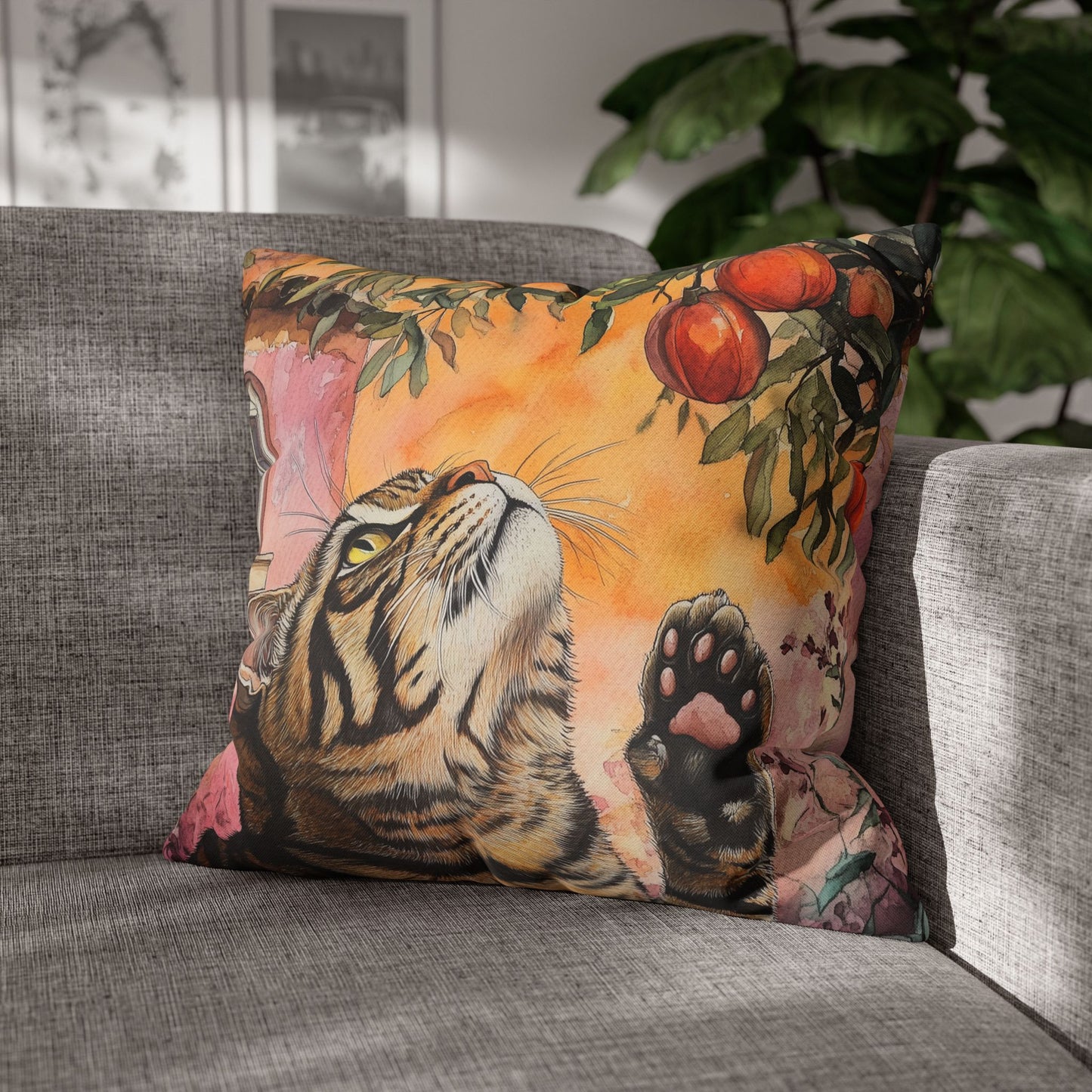 Square Pillow Cover – Pink House Tiger Cat And Persimmon Fruit