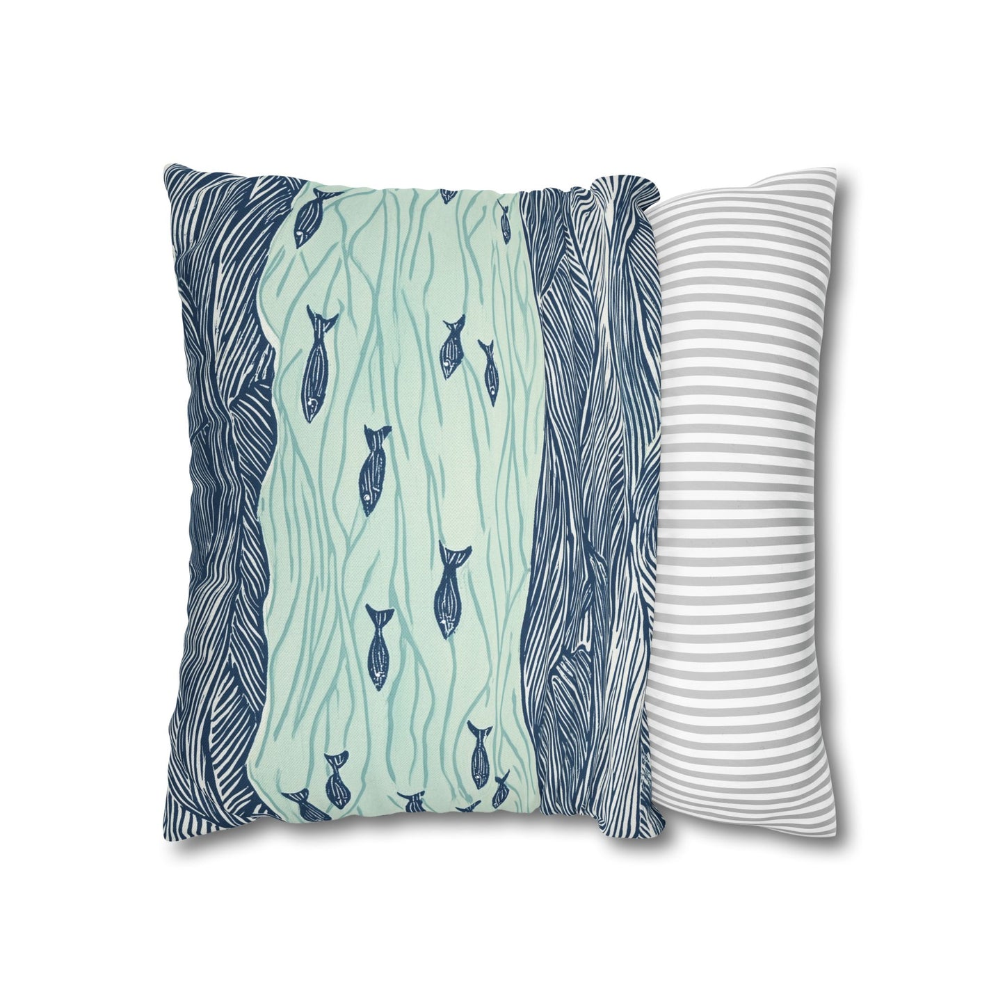 Square Pillow Cover - Coastal Nautical Waves And Fish