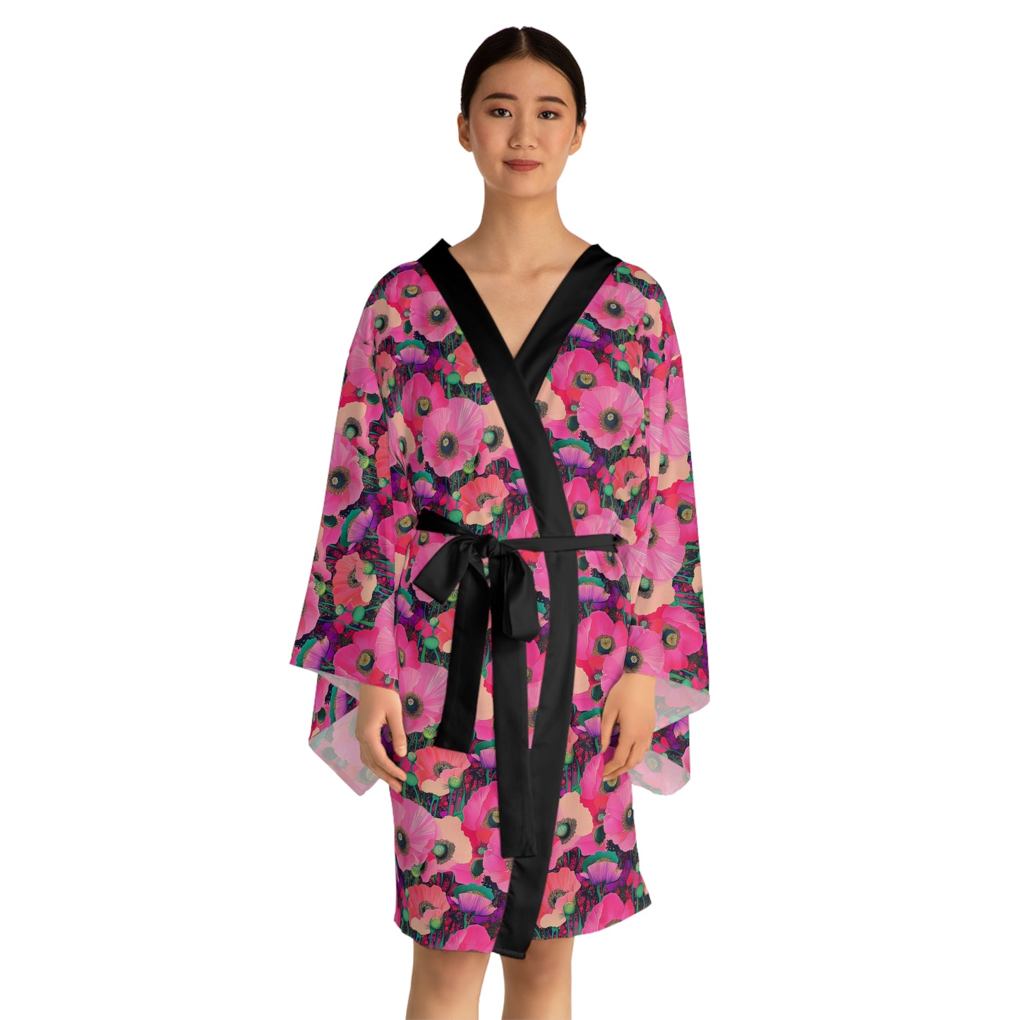 Kimono Robe - Fuchsia Pink Field Of Poppies