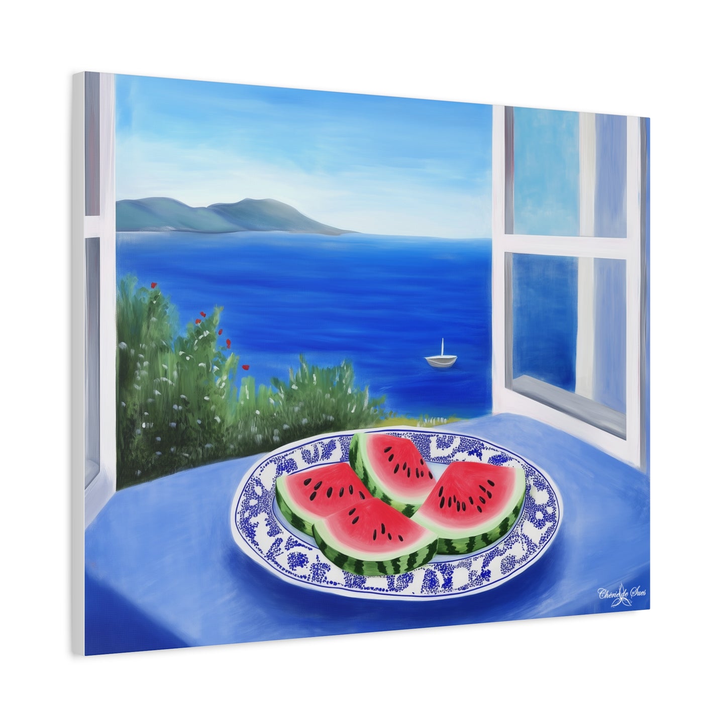 Canvas Art - Sea View Watermelon On Blue Plate Still Life