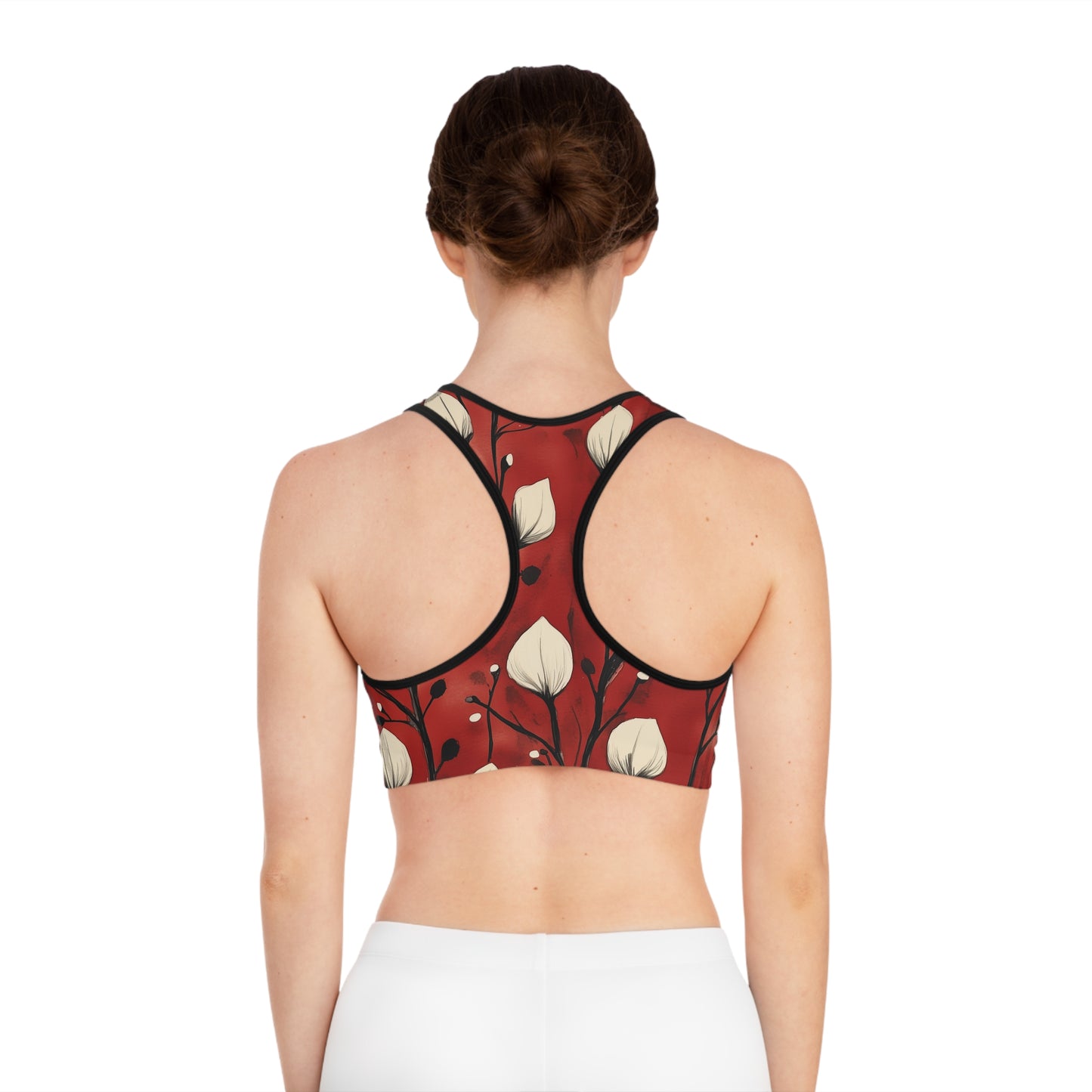 Sports Bra - White Puff Flowers On Red Wine Background