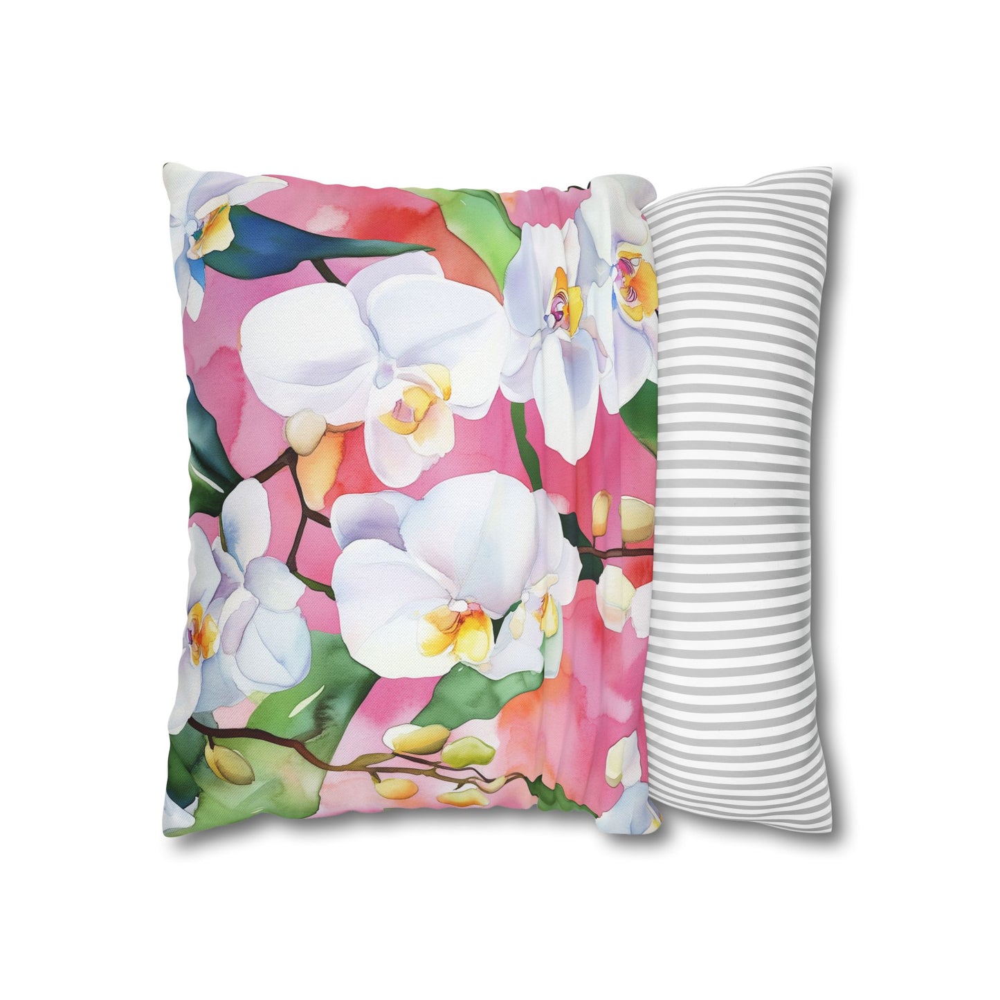 Square Pillow Cover - White Orchids On Pink Background