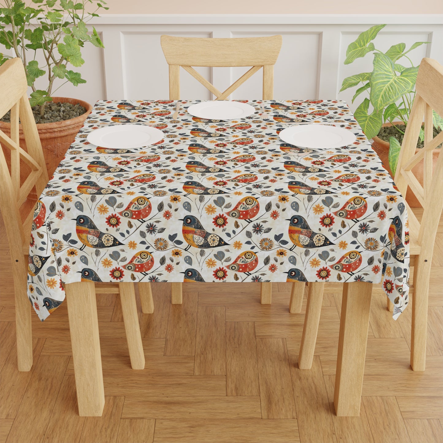 Square Tablecloth - Whimsical Colorful Bird Folk Art Pattern