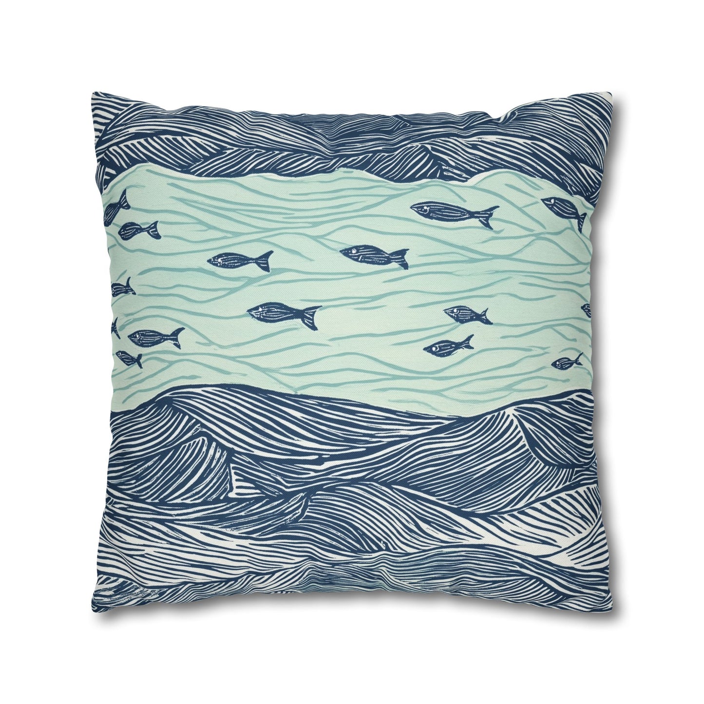 Square Pillow Cover - Coastal Nautical Waves And Fish