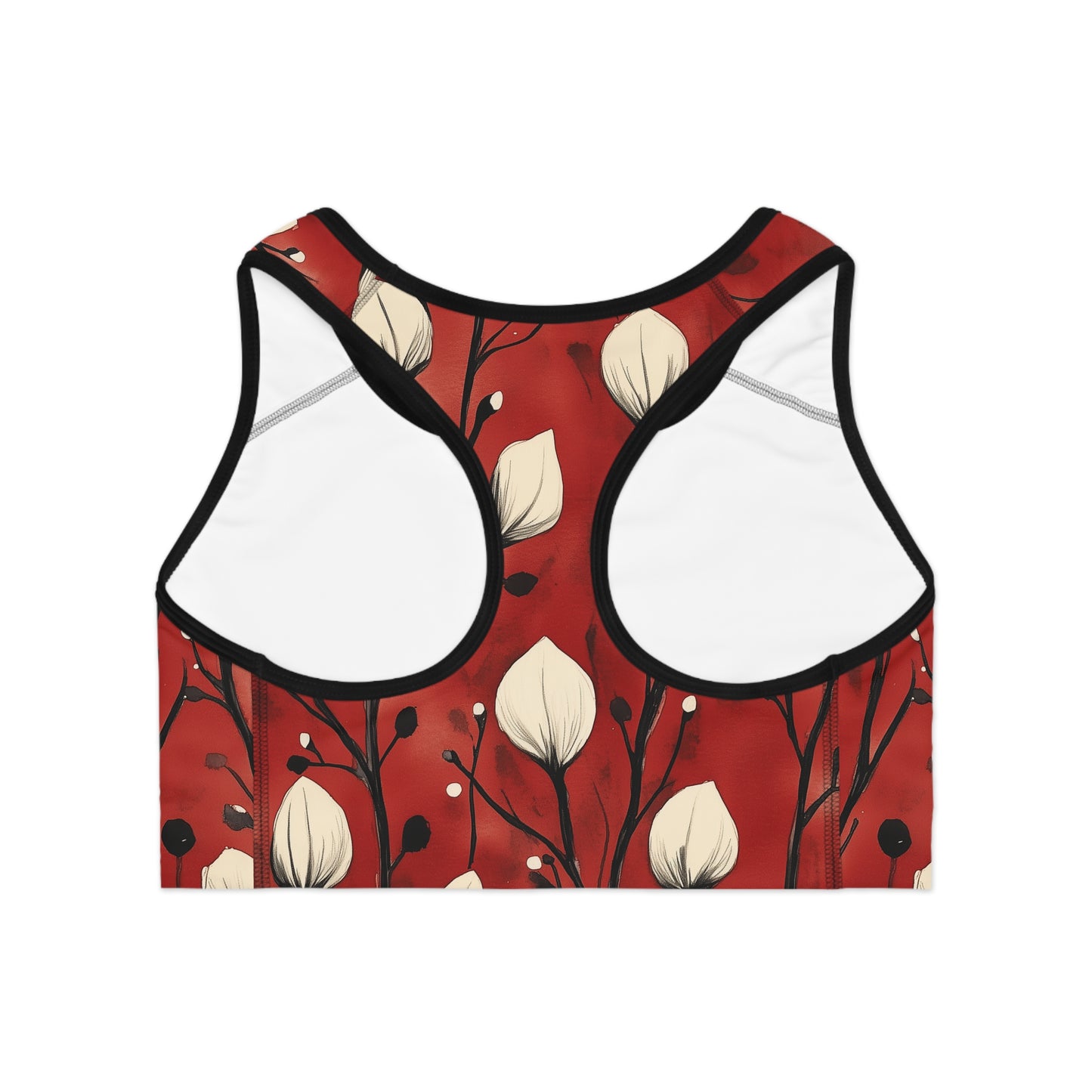 Sports Bra - White Puff Flowers On Red Wine Background