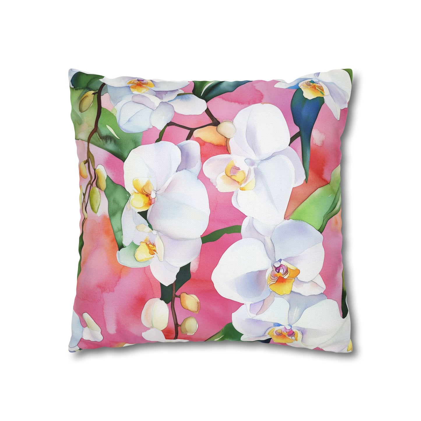 Square Pillow Cover - White Orchids On Pink Background